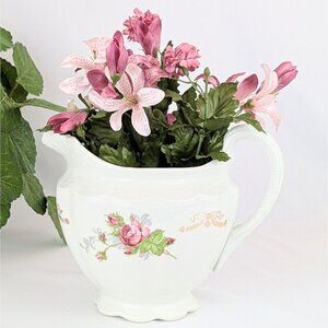 Antique White Porcelain Pitcher Vase Chester Pottery Pink Rose Shabby Chic Decor